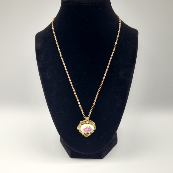 Avon Jewelry - Vintage Avon Gold Floral Pendant Necklace Victorian Rose Cameo Style